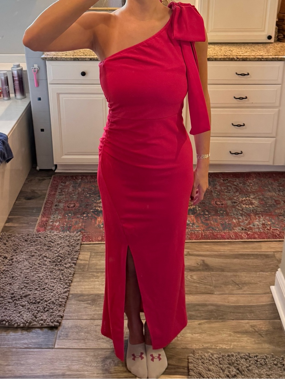 One-Shoulder Fuchsia Formal Dress with Bow Detail